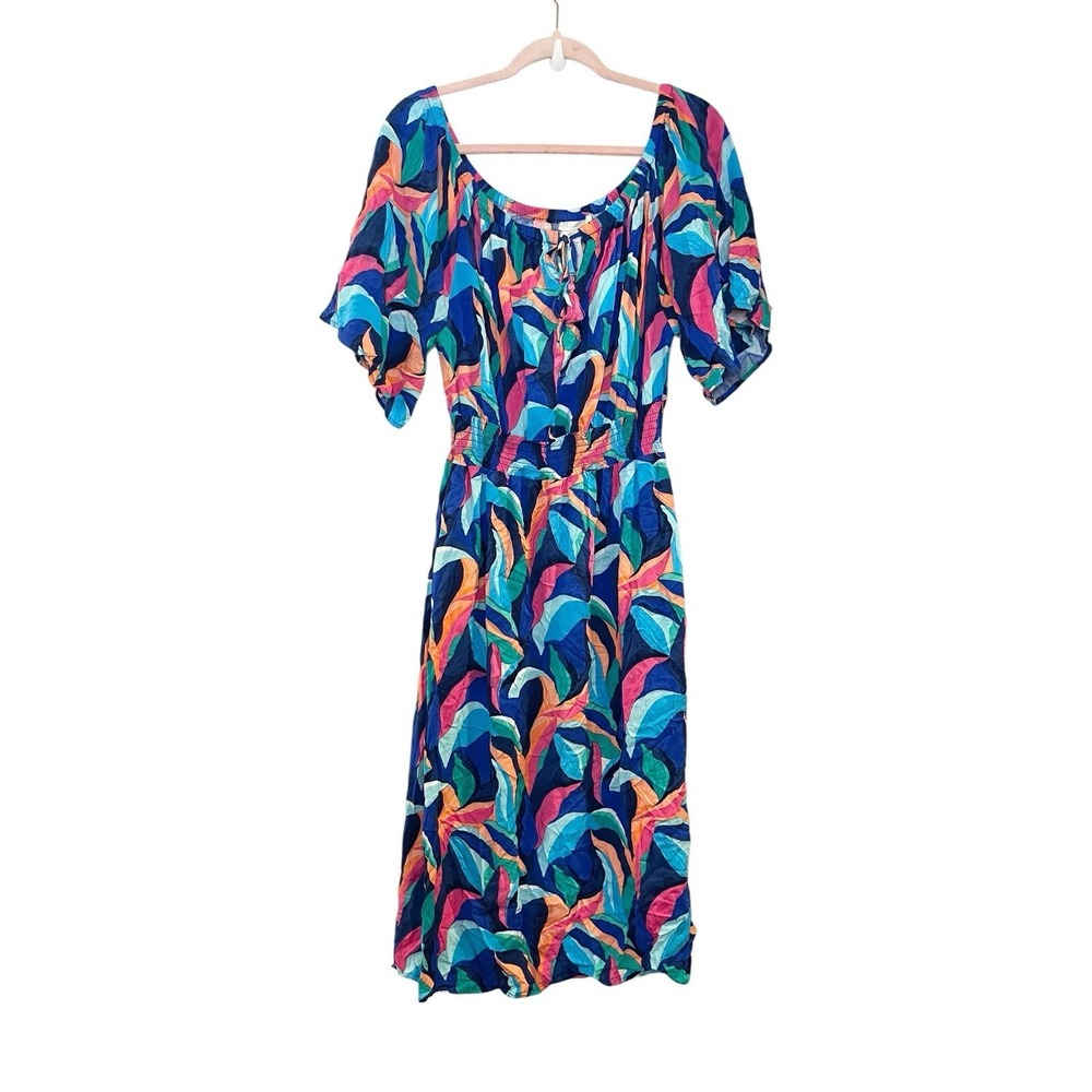 La Blanca Floral Off Shoulder Midi Cover Up Dress Women's Size L Blue Teal Multi